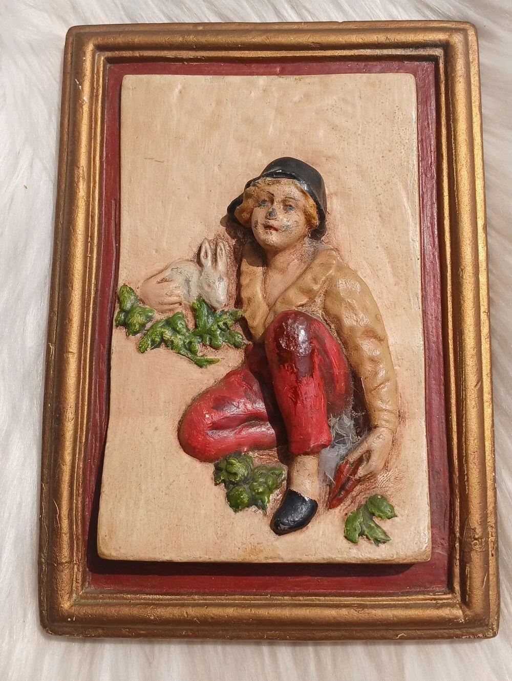 Vintage Chalkware Wall Hanging Plaque 3D Rabbit Man mcm mid-century modern decor